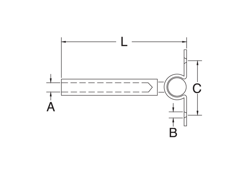 Dimension drawing of the T316 stainless steel deck toggle cable stud, hand and machine swage