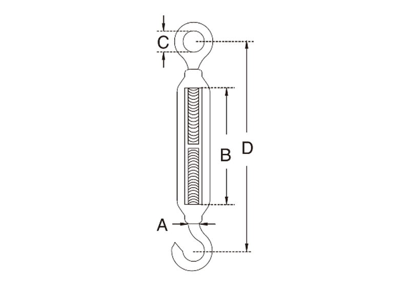 Hook and eye turnbuckle dimension drawing