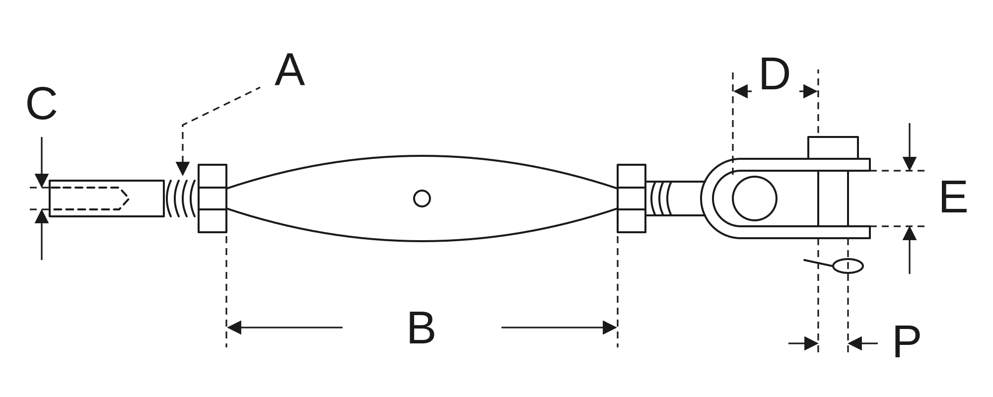 Black oxide toggle and wrench flat stud with turnbuckle dimension drawing